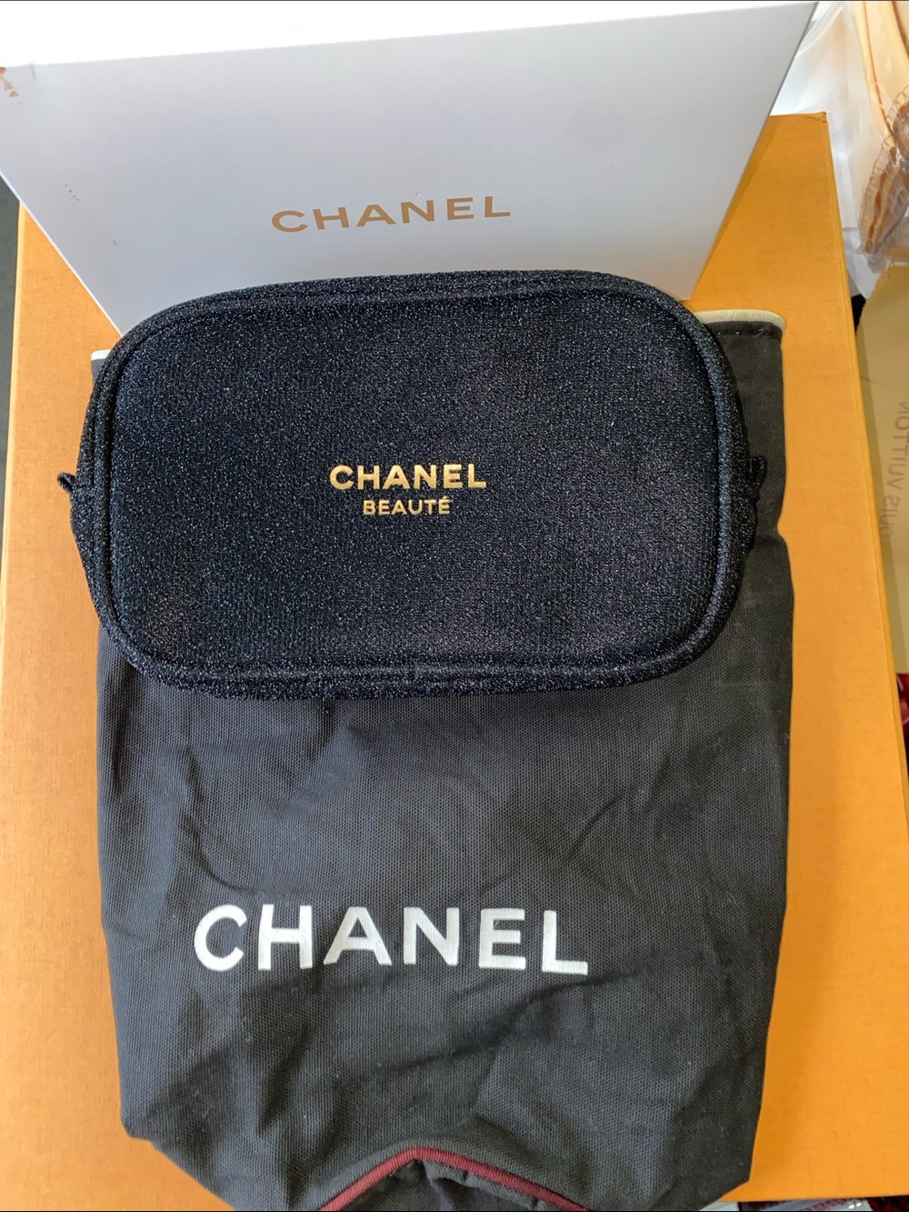 2 pcs CHANEL Black & Gold Logo Cosmetic Pouch